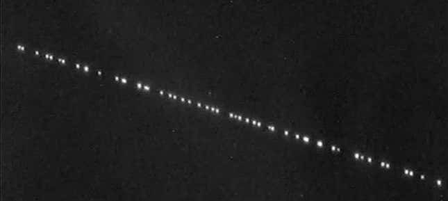 A train of SpaceX Starlink satellites, as seen on May 24, 2019.