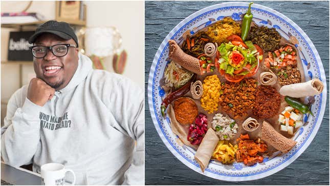 Left: KJ Kearney, founder of Black Food Fridays. Right: Injera lined Vegetarian Platter from Meaza Ethiopian restaurant in Falls Church, VA.
