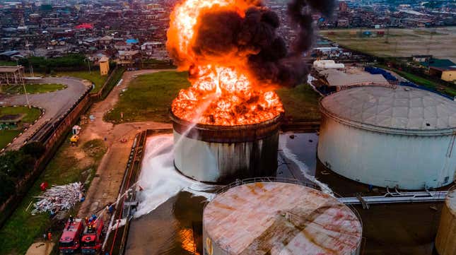 An aerial view shows an oil tanker on fire Lagos, Nigeria in November 2020.
