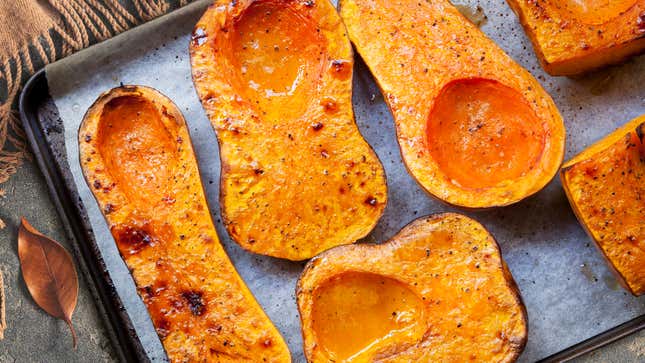 Roasted squash on a cookie sheet