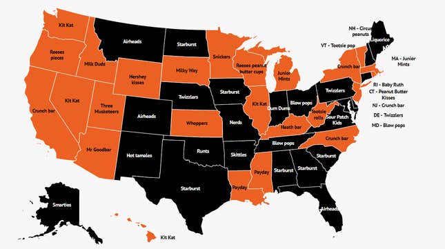 Zippia’s map of favorite Halloween candy in every state