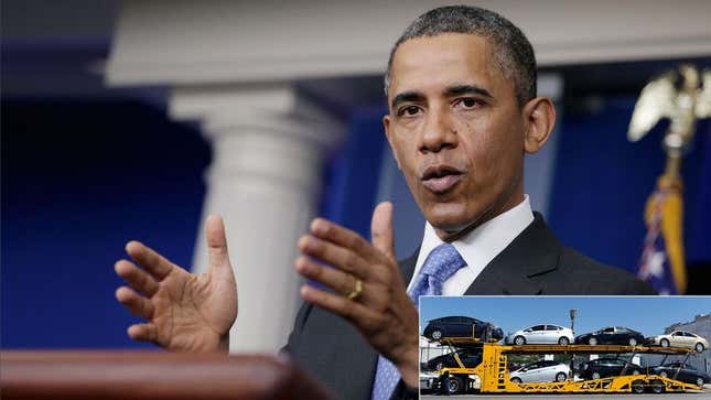 Image for article titled Obama Explains How They Get All Those Cars On The Back Of One Of Those Trucks