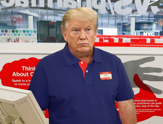 Image for article titled Trump Forced To Take On Second Job As CVS Cashier In Order To Pay Down Business Debts