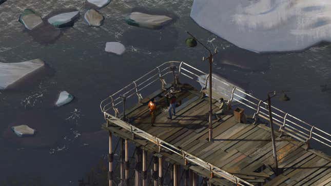 Two guys stand on a dock next to floating icebergs in Disco Elysium