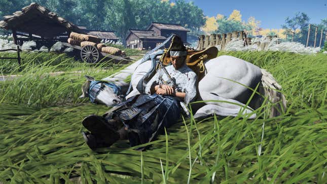 Jin che dorme accanto al suo cavallo in Ghost of Tsushima