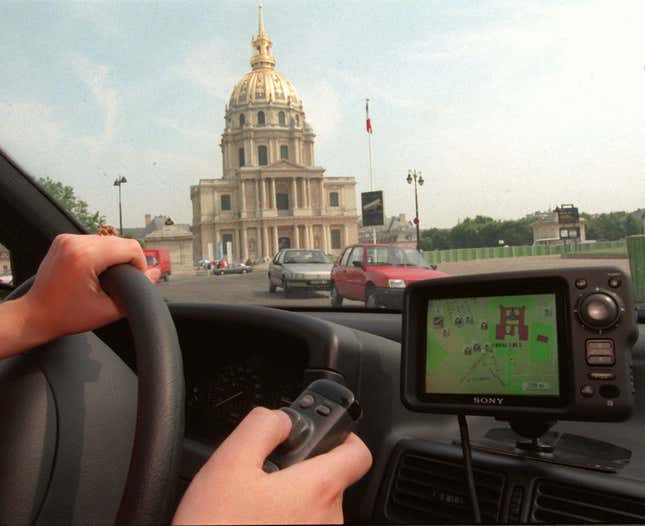 The electronic map of the streets and monuments in the car’s area appear on a mobile color computer monitor on the dashboard of the vehicle in Paris Wednesday July 10, 1996 as Michelin in partnership with Sony developed a locating mechanism for the car working off a small GPS antenna.