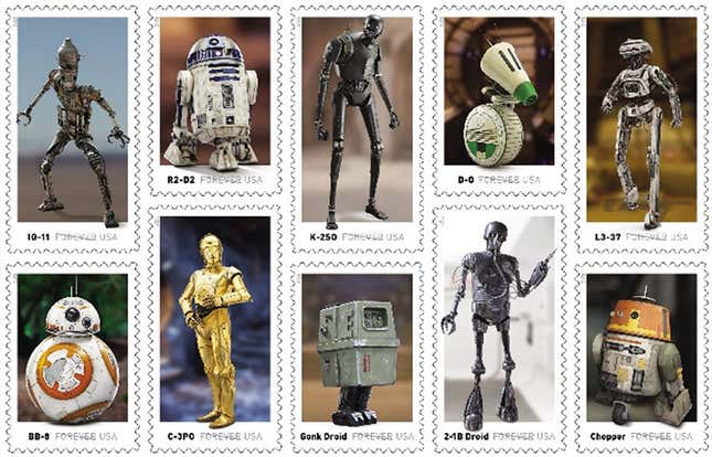 Imagen para el artículo titulado El Servicio Postal de Estados Unidos lanzará una colección de sellos con los droides de Star Wars