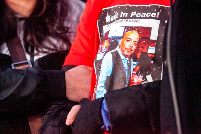 Andre Hill’s daughter Karissa Hill, wears a t-shirt with the effigy of her father during a press conference and candlelight vigil outside the Brentnell Community Recreation Center in Columbus, Ohio on December 26, 2020. - The fatal shooting of an unarmed Black man by police in Columbus, Ohio — the US city’s second such killing this month — sparked a fresh wave of protests on December 24 against racial injustice and police brutality in the country. Andre Maurice Hill, 47, was in the garage of a house on the night of December 21 when he was shot several times by a police officer who had been called to the scene for a minor incident. 