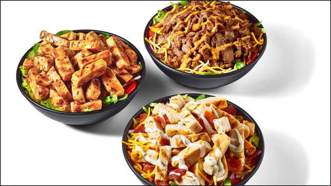 Product shot of 3 Subway protein bowls on white background [image provided by Subway]