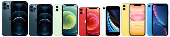 De izquierda a derecha: iPhone 12 Pro Max, iPhone 12 Pro, iPhone 12, iPhone 12 mini, iPhone SE, iPhone 11, iPhone XR