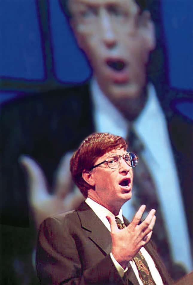 At a press conference beamed live to Microsoft shareholders around the globe, Bill Gates announces the company’s patenting of the binary system.