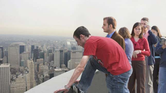 Citizens line up to freely jump off the Empire State Building.