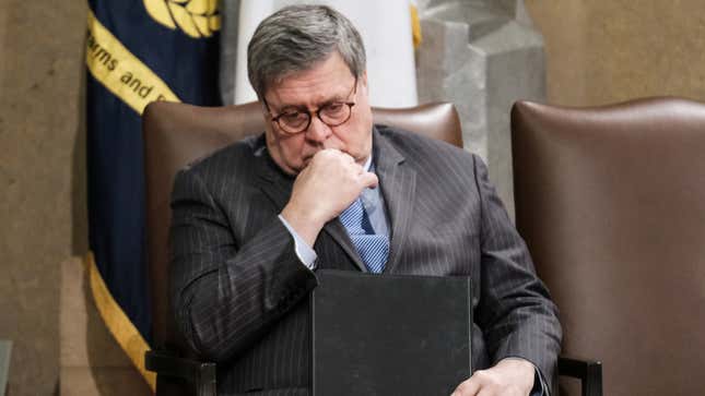 Attorney General William Barr attends a ceremony at the DOJ, Wednesday, Jan. 22, 2020, in Washington, to announce the establishment of the Presidential Commission on Law Enforcement and the Administration of Justice, and its commissioners.