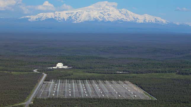 The High Frequency Active Auroral Research Program site, Gakona, Alaska, is pictured with Mount Wrangell in the background.