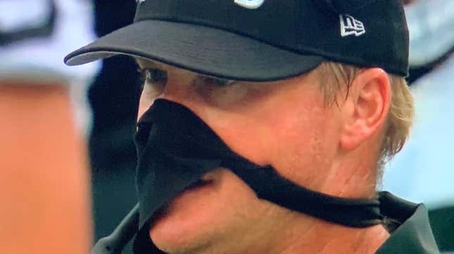 Fined last week for not wearing a face mask, this is what Jon Gruden came up with this week.