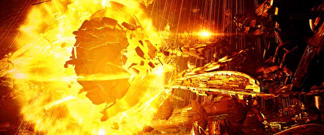The previous Avatar-class Titan succumbing to sustained fire and Doomsday weapon fire.