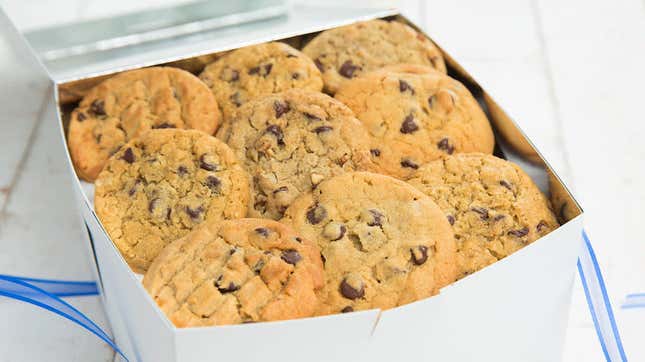 A box of Tiff's Treats chocolate chip cookies