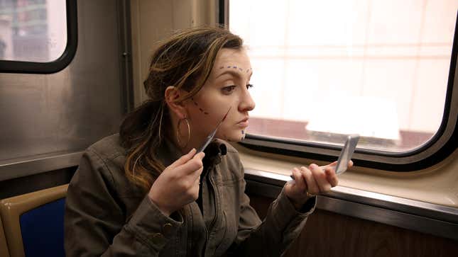 Image for article titled Harried Woman On Train Quickly Doing Plastic Surgery On Face Before Work