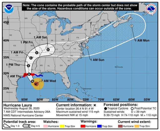 The 7 a.m. CT forecast for Hurricane Laura. Not good.