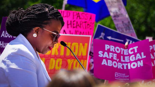 Congresswoman Ayanna Pressley (D-Mass.) speaks at a #StopTheBans rally in front of the Supreme Court in Washington, DC on May 21, 2019. 
