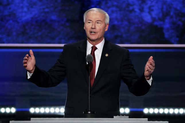 Gov. Asa Hutchinson (R-Ark.) delivers a speech on the second day of the Republican National Convention on July 19, 2016 at the Quicken Loans Arena in Cleveland, Ohio. Republican presidential candidate Donald Trump received the number of votes needed to secure the party’s nomination. An estimated 50,000 people are expected in Cleveland, including hundreds of protesters and members of the media. The four-day Republican National Convention kicked off on July 18. 