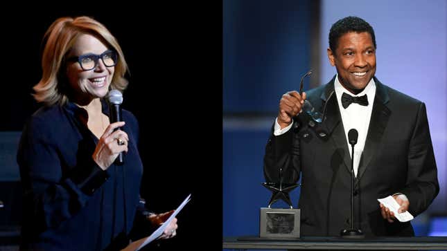 (L-R): Katie Couric speaks during a Special Screening Of National Geographic’s Oscar-Nominated Documentary “The Cave” with on February 03, 2020 in New York City. ; Denzel Washington speaks onstage during the 47th AFI Life Achievement Award on June 06, 2019 in Hollywood, California. 