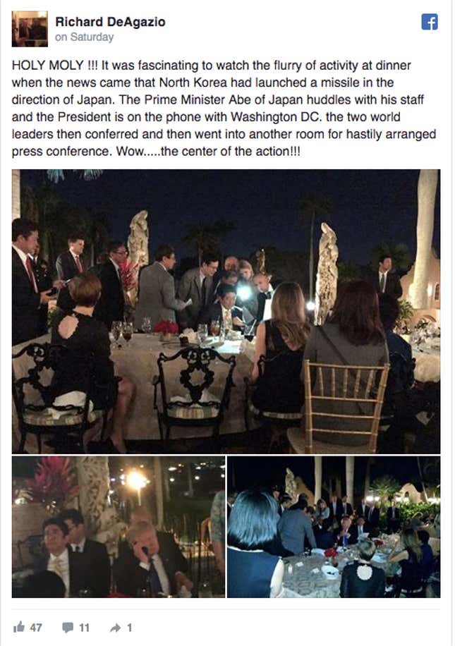 A Mar-a-Lago guest captured images of Trump and his staff briefing Japanese Prime Minister Shinzo Abe on a North Korean missile test in February. Any nearby devices connected to Mar-a-Lago’s Wi-Fi network could conceivably have been compromised by hackers. Facebook photos by Richard DeAgazio.