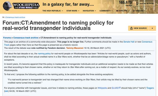 Image for article titled How Star Wars' Biggest Fan Wiki Found Itself in a Fight Over Trans Identity