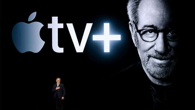 Steven Spielberg in Cupertino last month, hitching his metaphorical wagon to Apple’s new streaming service, Apple TV+.