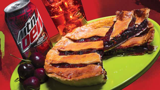 Product shot of MTN DEW CODE RED and its accompanying cherry pie [Image provided by MTN DEW]