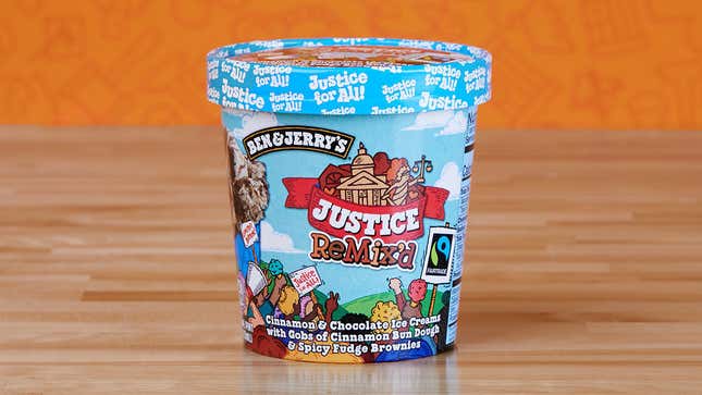 A pint of Ben & Jerry's Justice ReMix'd ice cream on a wooden table