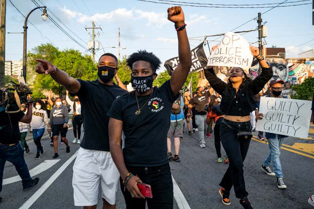 People march through the streets after the verdict was announced for Derek Chauvin on April 20, 2021 in Atlanta, United States. Former police officer Derek Chauvin was on trial on second-degree murder, third-degree murder and second-degree manslaughter charges in the death of George Floyd May 25, 2020. After video was released of then-officer Chauvin kneeling on Floyd’s neck for nine minutes and twenty-nine seconds, protests broke out across the U.S. and around the world. The jury found Chauvin guilty on all three charges. 