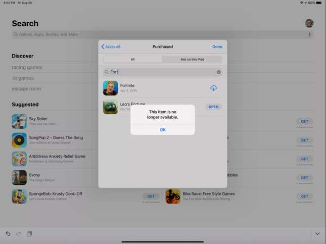 Imagen para el artículo titulado Ya no es posible descargar Fortnite en iPhone o Mac. Apple ha eliminado la cuenta de desarrollador de Epic