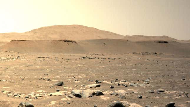 NASA’s Ingenuity Mars Helicopter can be seen hovering during its third flight on April 25, 2021, as seen by the left Navigation Camera aboard NASA’s Perseverance Mars rover.