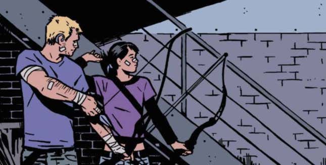 Imagen para el artículo titulado Espero que el uniforme de la nueva Hawkeye no sea el de estas fotos filtradas