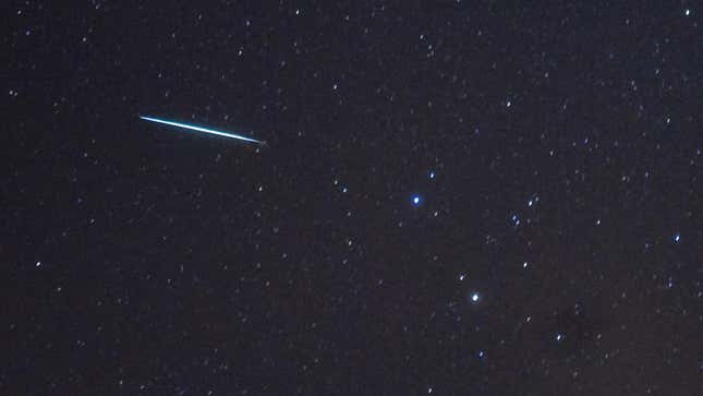 A meteor from the Geminid meteor shower on December 12, 2009 above Southold, New York. 