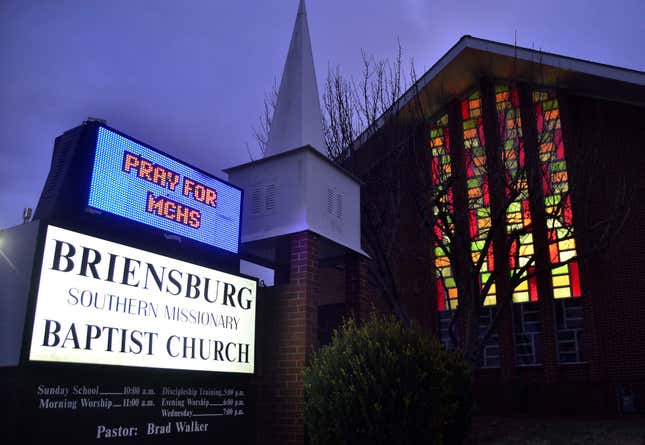 Briensburg Baptist Church near Benton, KY asks people to pray for the victims of the Marshall County High School shooting.