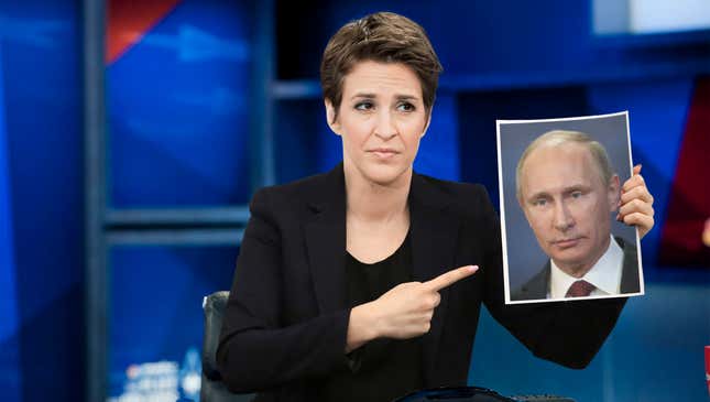 Image for article titled Fuming Rachel Maddow Spends Entire Show Just Pointing Wildly At Picture Of Putin