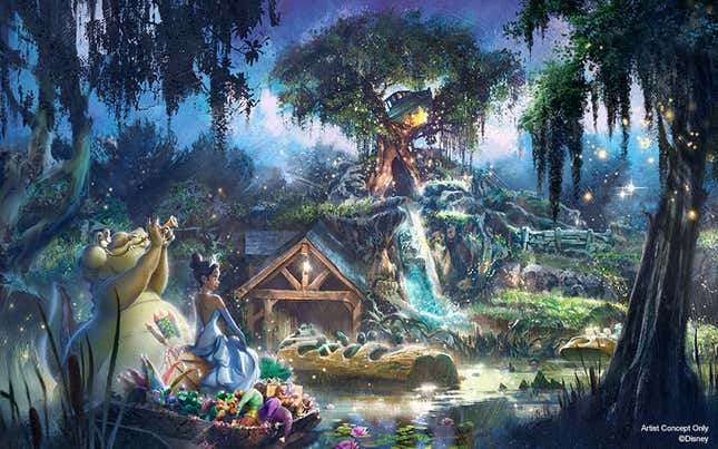 Concept art of the new Princess and Frog retheming of Splash Mountain.