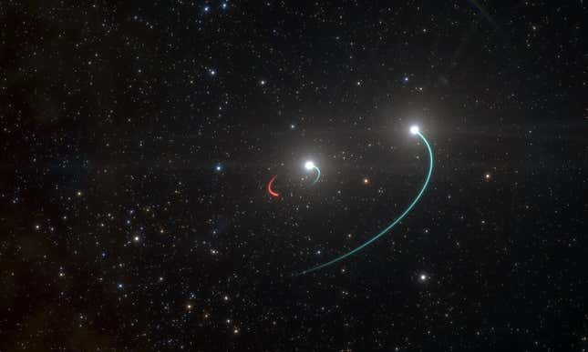 Artist’s impression of the star system, with the black hole in red.