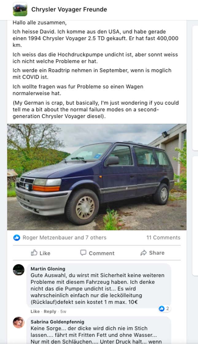 Image for article titled I Just Bought A $600 Diesel Manual Chrysler Minivan But It Has 250,000 Miles And Is Broken In Germany
