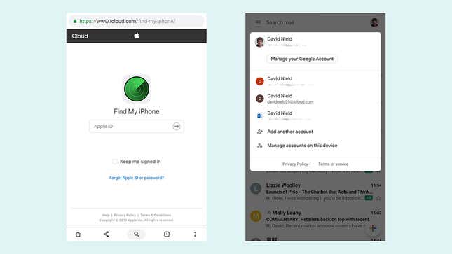 The iCloud web portal on Android, and accessing iCloud email in Gmail.