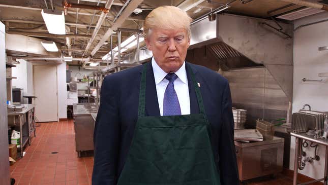 Image for article titled Tearful Trump Puts Down Ladle, Walks Out Of Soup Kitchen After Learning Charitable Foundation Shutting Down