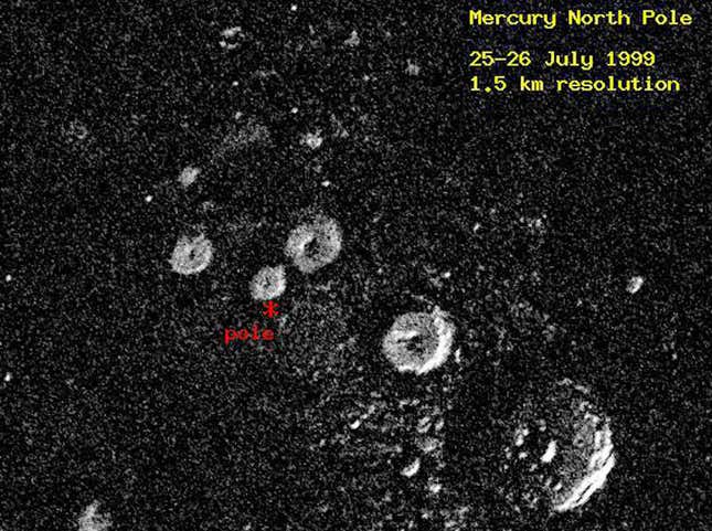 Arecibo radar image showing ice at Mercury’s north pole. 
