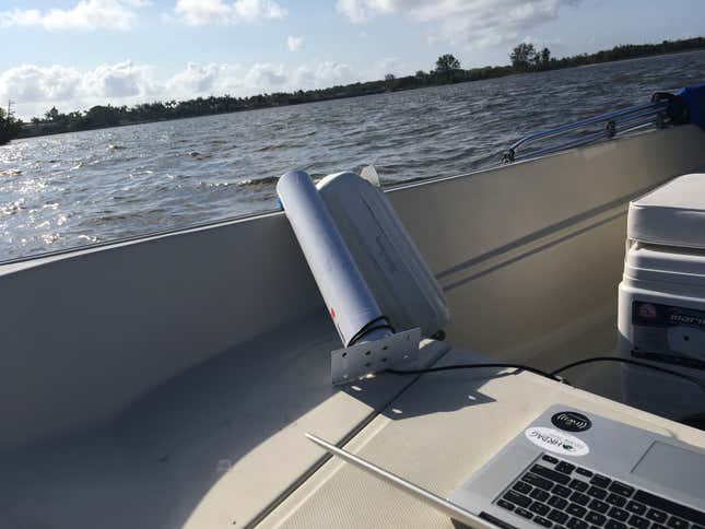 We took a boat out on the lagoon next to Mar-a-Lago to get a good look at its insecure Wi-Fi networks, using a directional antenna and easily available software. Photo by Surya Mattu.