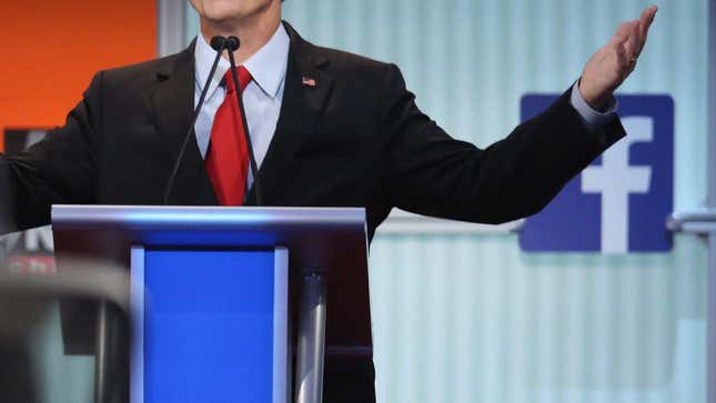 Republican Senator Rand Paul appears before a Facebook logo at a Fox News/Facebook hosted presidential primary debate in 2015; used here as stock photo.