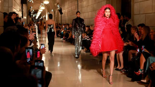 Image for article titled If Bella Hadid as a Red Big Bird in Oscar de la Renta Is Wrong, I Don't Want to Be Right