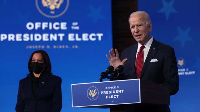 U.S. President-elect Joe Biden speaks as U.S. Vice President-elect Kamala Harris stands to his right on January 15, 2021 in Wilmington, Delaware. 