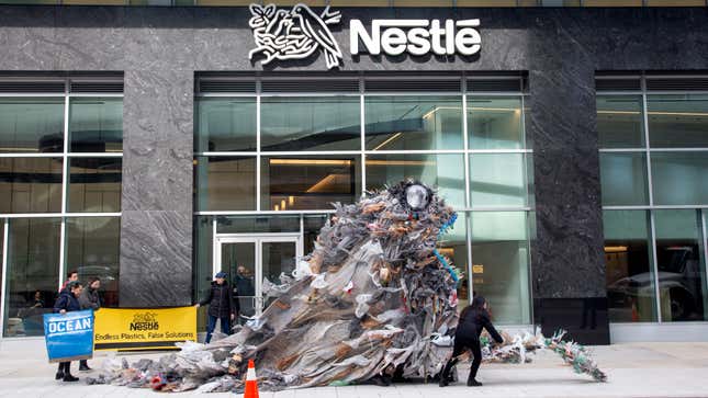 The trash monster that popped up outside of Nestle’s US headquarters in Arlington today.
