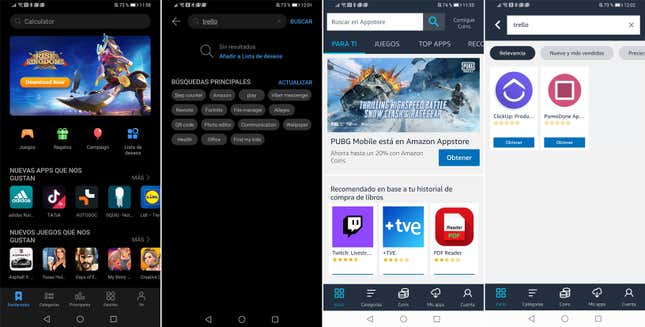 Entre Huawei App Gallery (izquierda) y Amazon Appstore (derecha) puedes encontrar algunas cosas, pero claramente no son suficientes.
